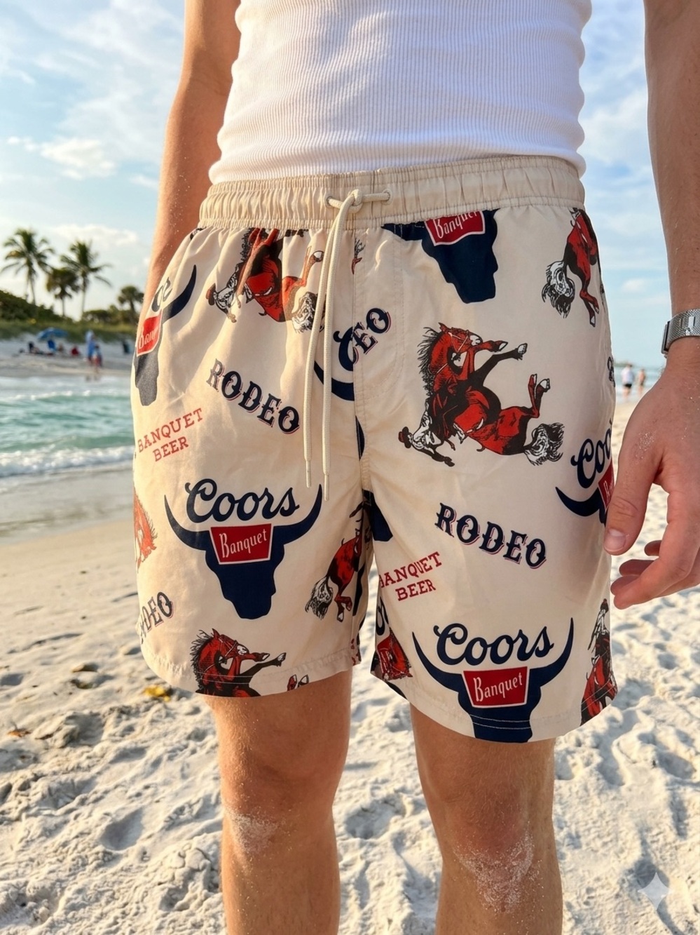 Coors Banquet Rodeo beer print Swim board shorts Shorts elastic L cowboy western